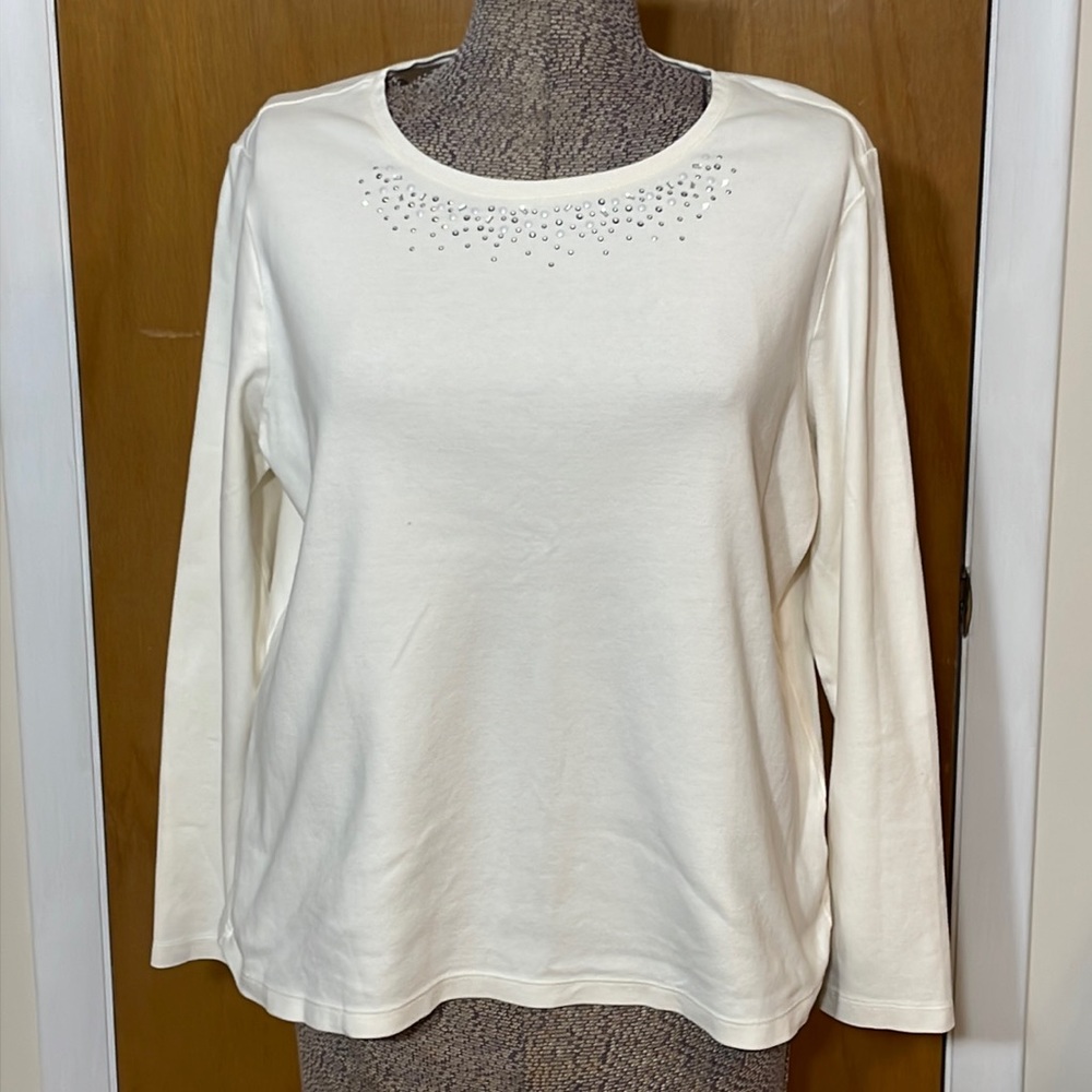 Studio Works Womens XL Cream Long Sleeve Blouse Studded Neck Accents
